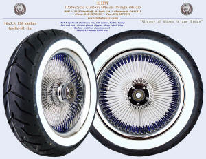 16x5.5, Apollo-SL, Radial, Chrome, Deep Cobalt Blue nipples, 180 white wall tire