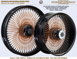 21x3.5 Harley Indian 120 spoke radial laced wheel black copper