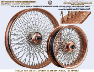 26x3.75 and 18x4.25 120 spoke wire wheel copper engraving Harley Indian