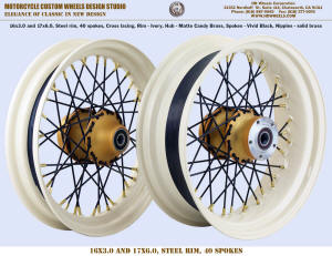 16x3 and 17x6 Harley wheel 40 spokes Ivory Black and Brass