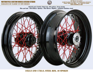 16x3.0 and 17x6.0 Steel rim 40 spokes Vivid Black and Red Baron