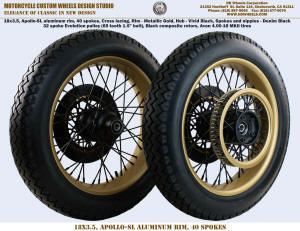 18x3.5 40 spoke wheel gold and black antique tires