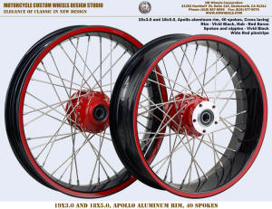 19x3.0 and 18x5.0 Apollo 40 spoke Harley wheel black red wide pinstripe