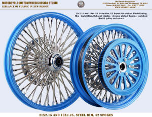 21x2.15 and 18x4.25 steel rim 52 Super Fat spokes Radial lacing Light Blue pulley and rotors