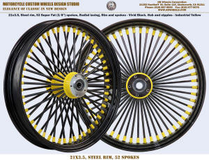 21x3.5 52 super fat radial spoke wheel industrial yellow harley