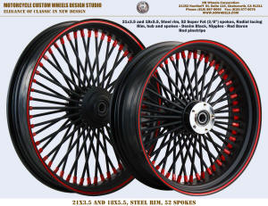 21x3.5 and 18x5.5 Super Fat spokes Radial wheel Harley Black and Red