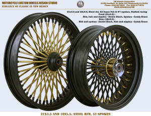 21x3.5 and 18x5.5 Super fat 52 spoke wheel Radial Brass and black Harley