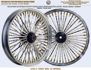 21x3.5 Super Fat Twisted spokes Radial wheel chrome black and gold