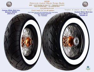 15x4.5 and 15x7 black and copper 200 and 230 custom white wall tires