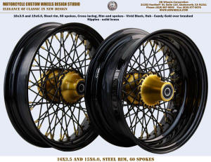 16x3 and 15x6 60 spoke wheel black gold brass Harley