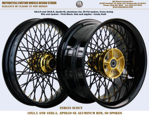 18x3.5 and 18x8.5 wheel Indian Scout black and gold fat tire