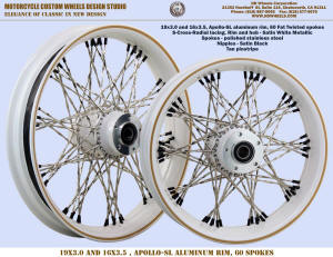 19x3 and 16x3.5 60 Fat Twisted spoke wheel white black pinstripe tan