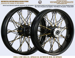 19x3.5 and 18x4.25 60 twisted spoke wheel black and gold harley