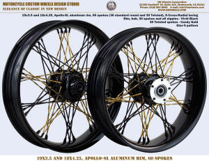 19x3.5 and 18x4.25 Apollo-SL wheel 60 twisted spokes gold and black harley indian