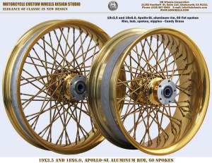 19x3.5 and 18x6.0 Harley Indial 60 Fat spoke wheel Canbdy Brass