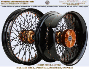 19x3.5 and 18x8.5 Black and Copper Indian Scout spoke wheels fat 240 tire