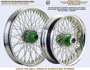 21x3.25 and 18x5.5 polished 60 spoke wheel green metallic
