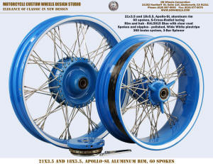 21x3.5 and 18x5.5 Harley Indian wheel 60 spokes 3-bar spinner 360 brake blue