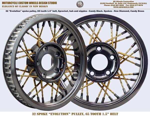 32 spoke Harley motorcycle belt pulley black chrome and brass